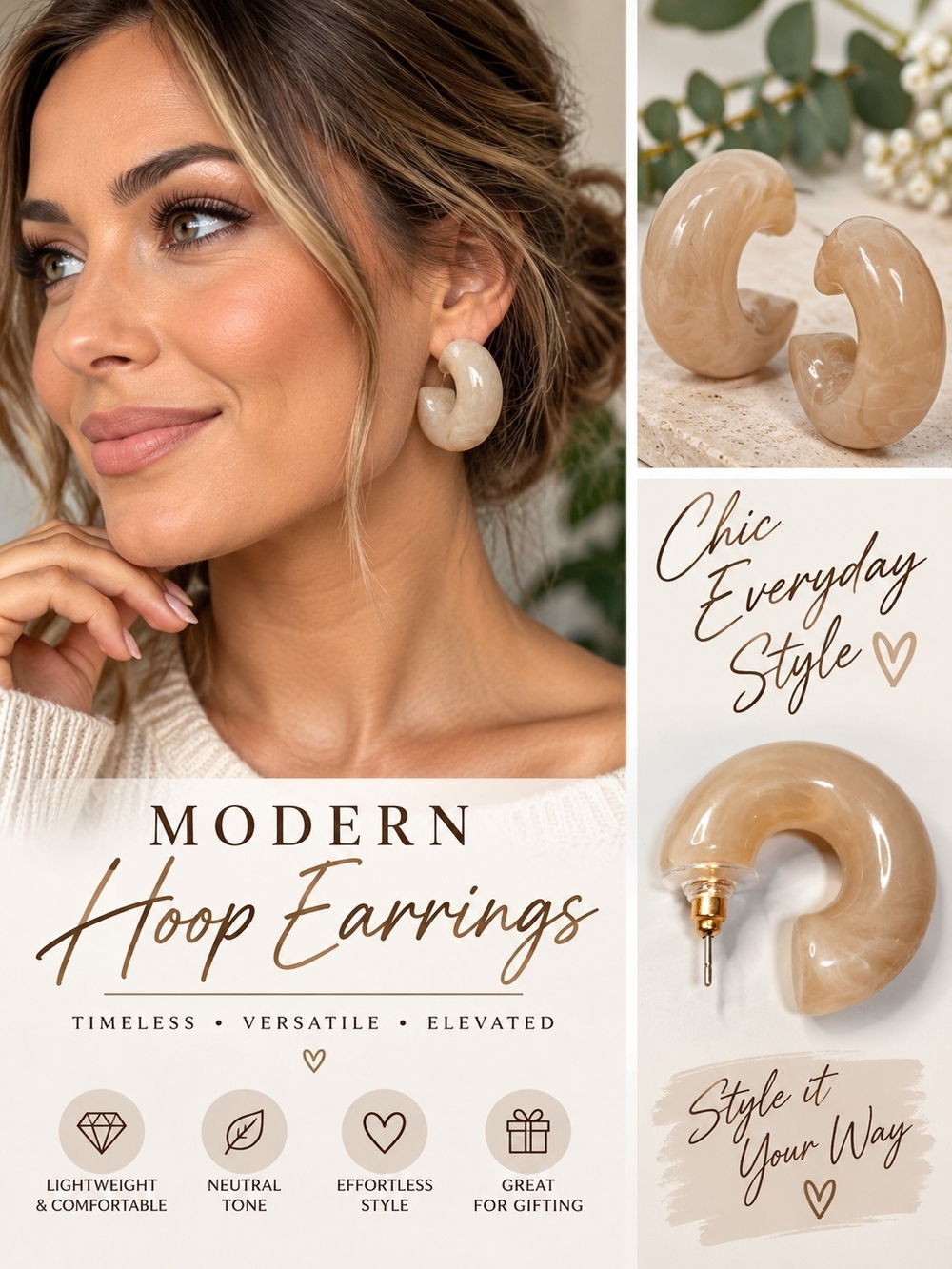 A65. Beige Marbled Chunky Hoop Earrings Neutral Statement Earrings